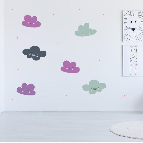 Baby Clouds wall decals in a nursery with playful, colorful cloud designs.