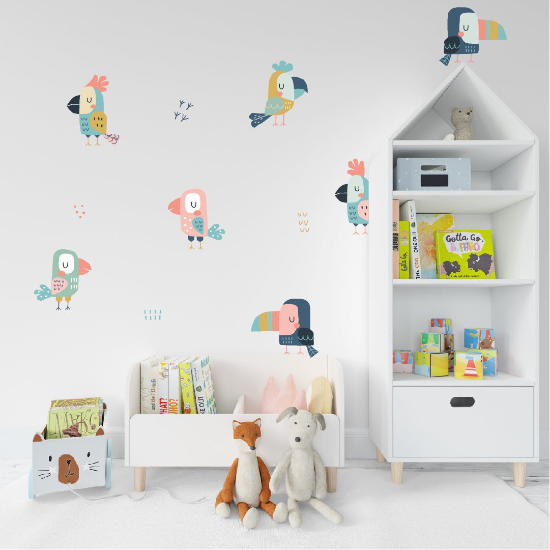 Cheerful Amazon Parrot decals on children's room wall.