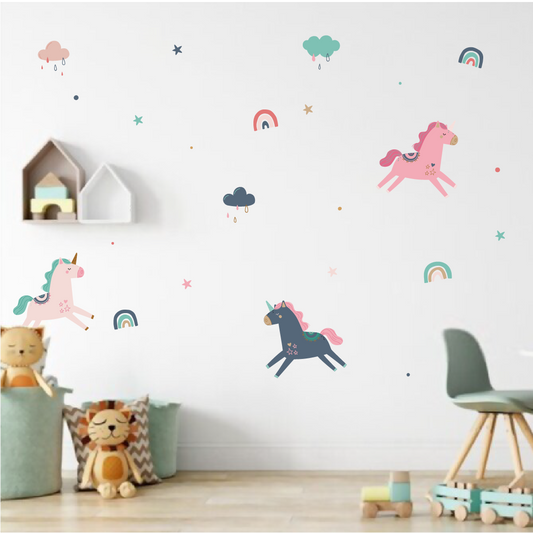 Kids room wall with Stormy Unicorns decal featuring pastel unicorns, rainbows, clouds, stars, and dots for magical rooms.