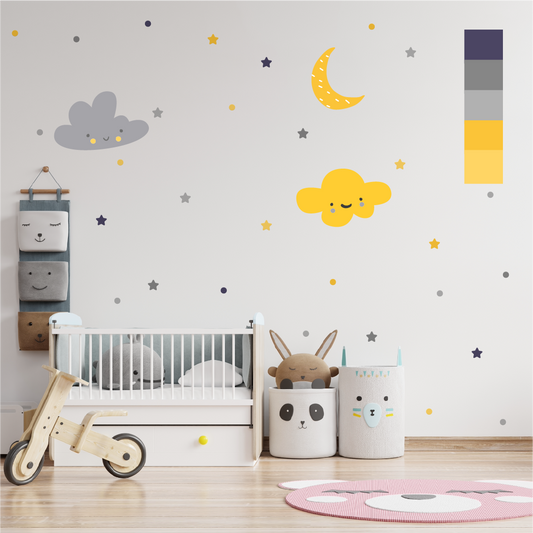 Cute Night Sky decal with moon, clouds, stars, and dots on a nursery wall.