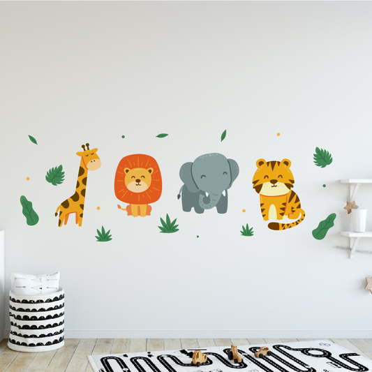 Jungle animal decals with giraffe, lion, elephant, and tiger on a wall for kids' room decor.