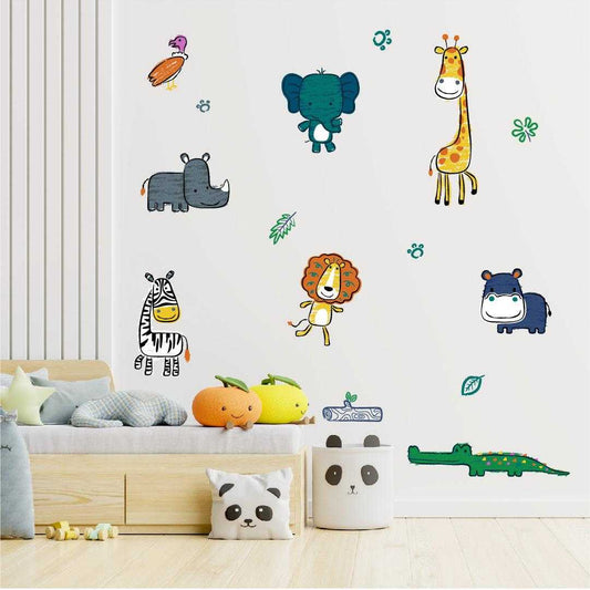 Safari wall decals featuring whimsical jungle animals for kids' rooms, including zebras, lions, elephants, and more.