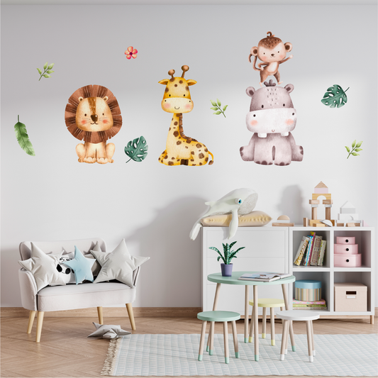 lion prince & friends decal in children's room with lion, giraffe, hippopotamus, and monkey illustrations