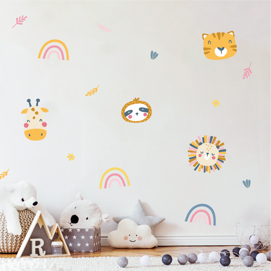 Adorable sloth wall art decals featuring jungle animals for kids' rooms.